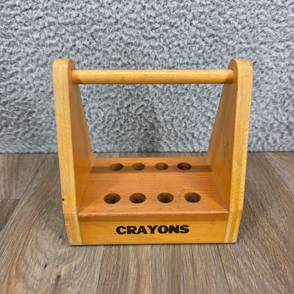 Vintage Wooden Crayon Caddy Toolbox Style 8 Slot Art Supply Organizer Handle